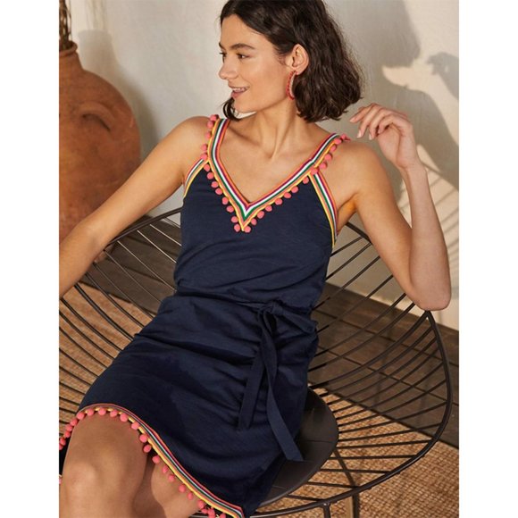 Boden Dresses & Skirts - NWT Boden Pom Pom Trim Jersey V-Neck Dress Sleeveless Woven Stripe Navy Marine 8